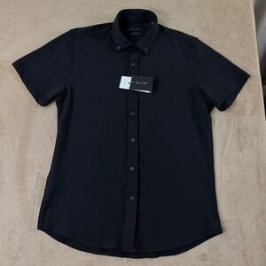 Porter & Ash Luxury Knit Shirt Mens Medium Black Button Down Short Sleeve NWT